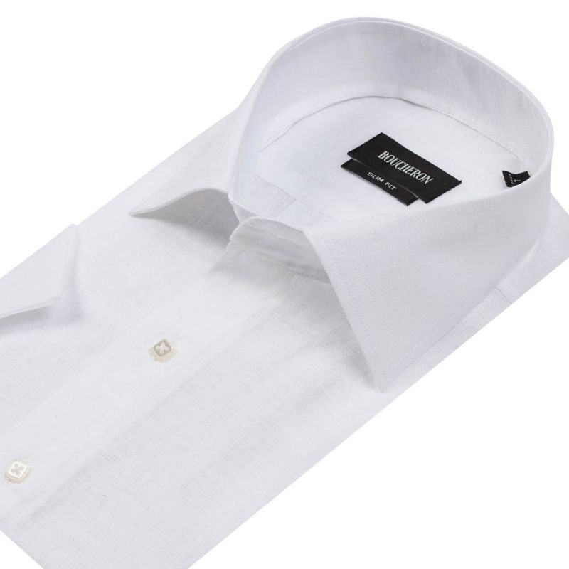 Рубашка белая льняная с короткими рукавами приталенная