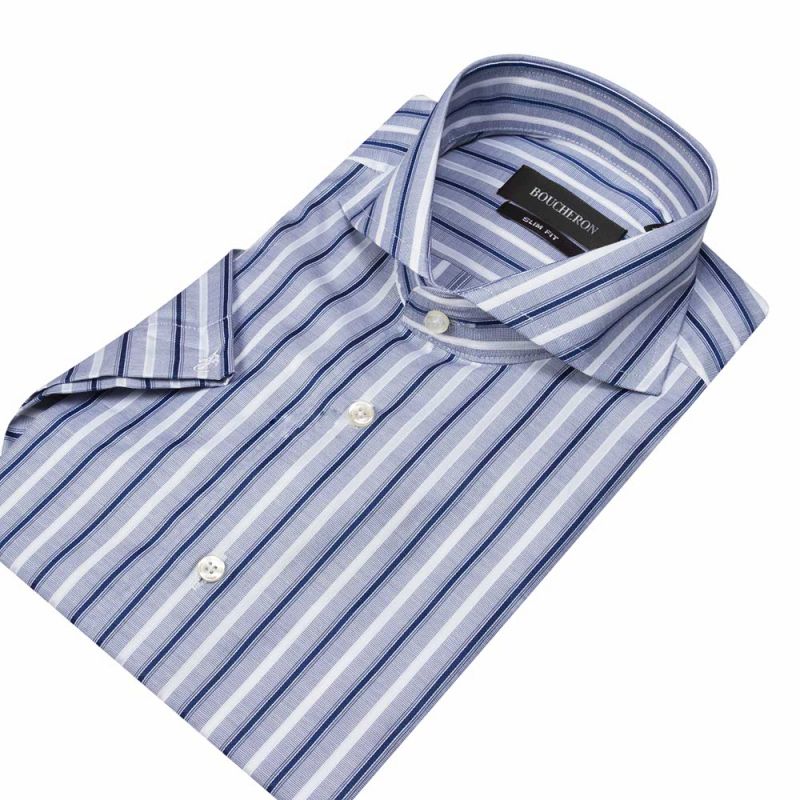 Рубашка сине-бело-голубая в полоску, с короткими рукавами, приталенная