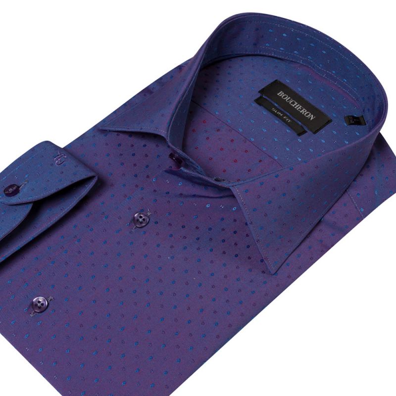 Рубашка фиолетовая хамелеон, в горошек, приталенная и удлинённая