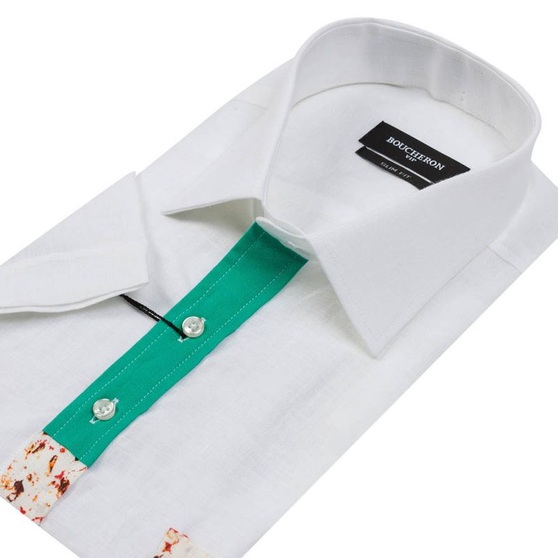 Рубашка льняная белая, с короткими рукавами, приталенная