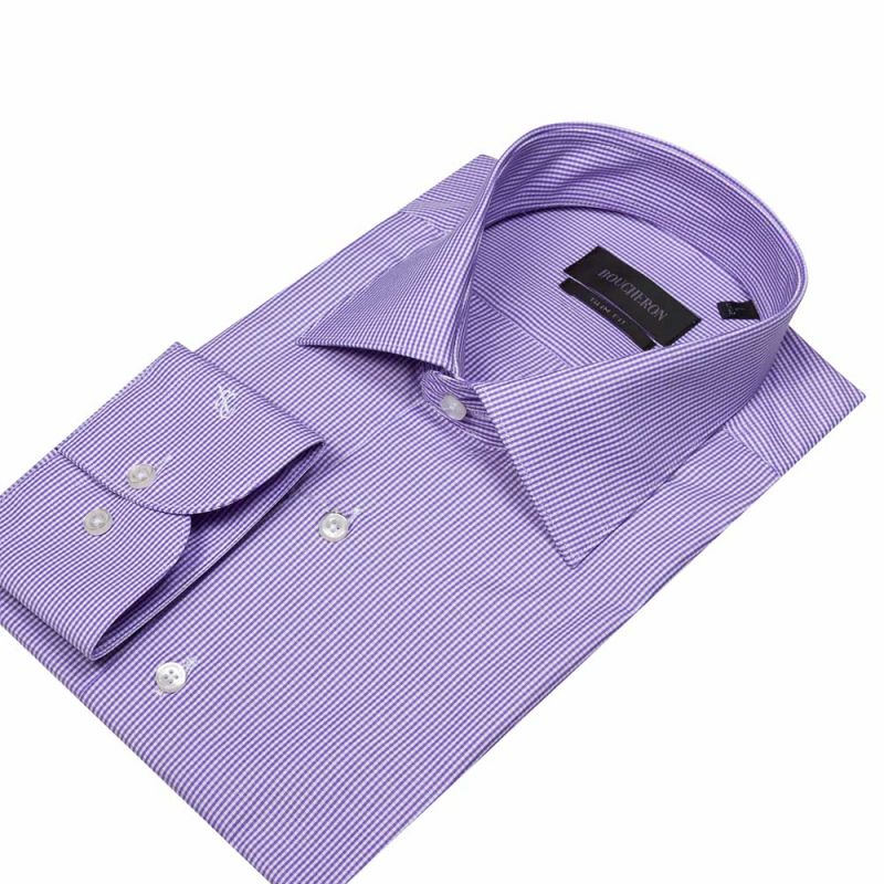 Рубашка приталенного кроя, фиолетовая, в мелкую клетку