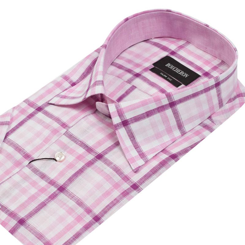 Рубашка розовая в клетку с короткими рукавами, приталенная