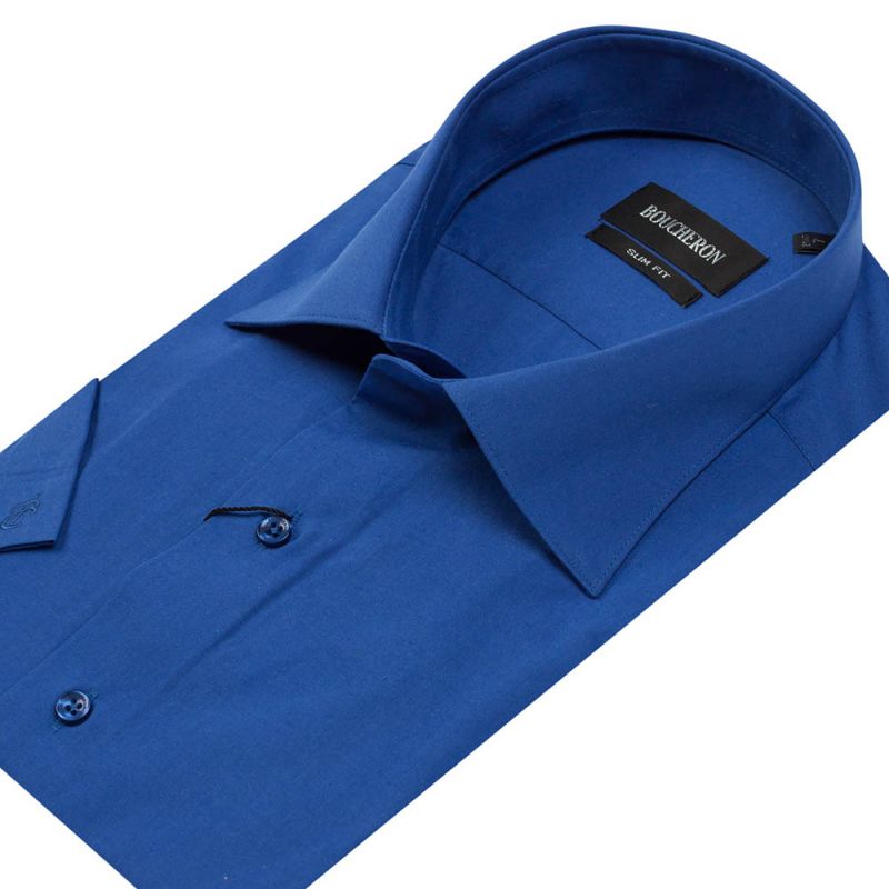 Рубашка синяя с короткими рукавами приталенная