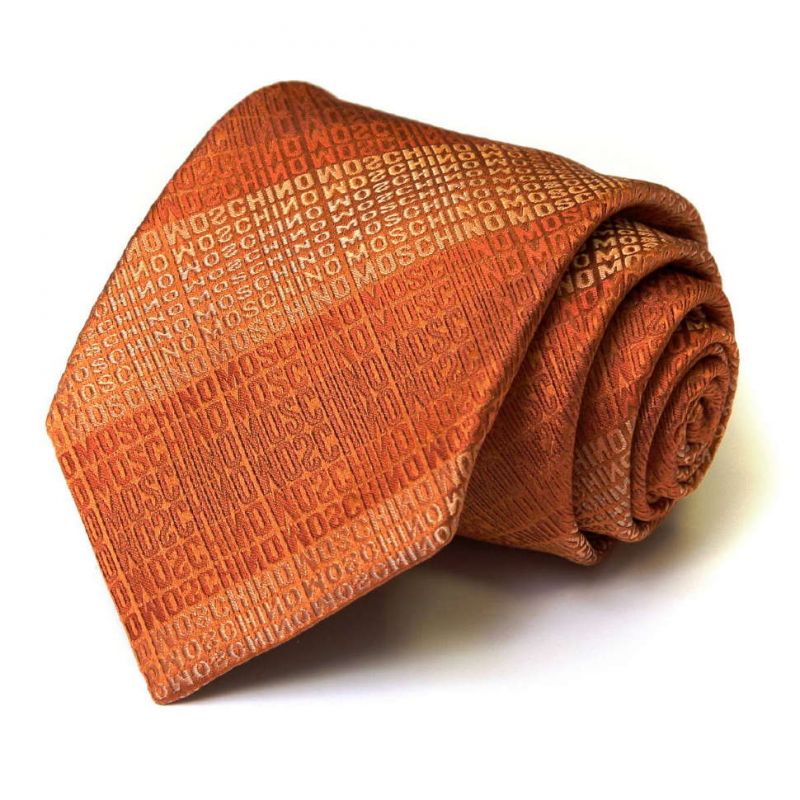 Оранжевый шёлковый галстук с надписями Moschino в полоску