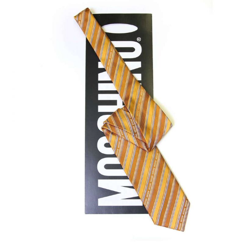 Оранжевый галстук из шёлка с надписями Moschino в полоску