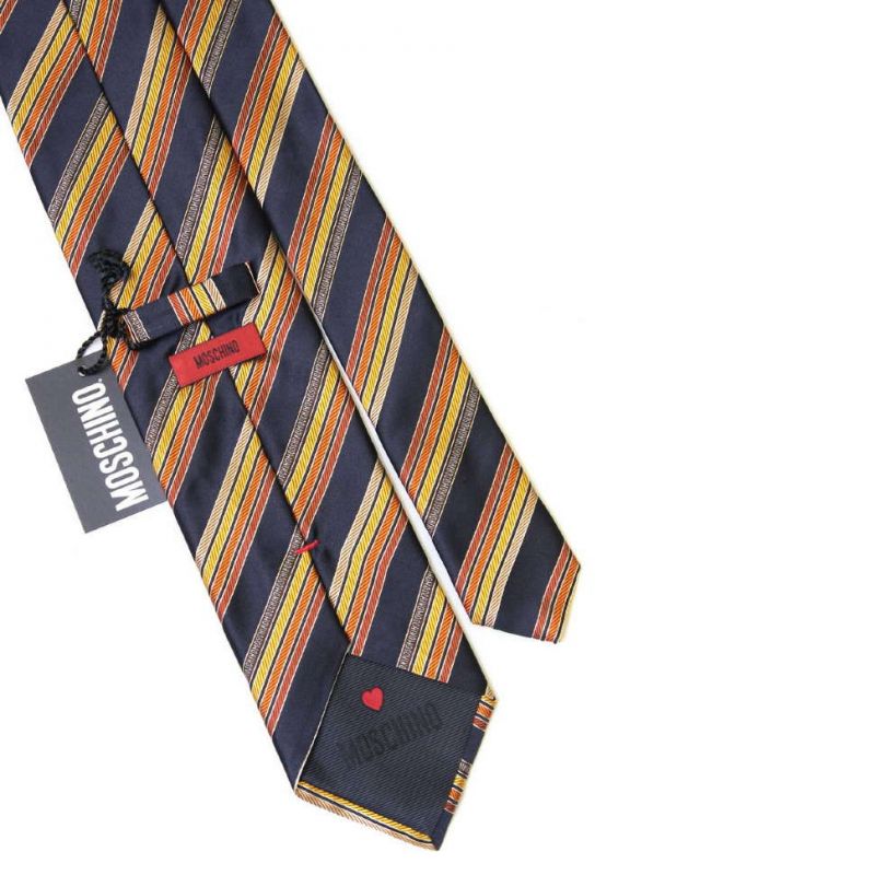 Синий шёлковый галстук Moschino в оранжевую полоску