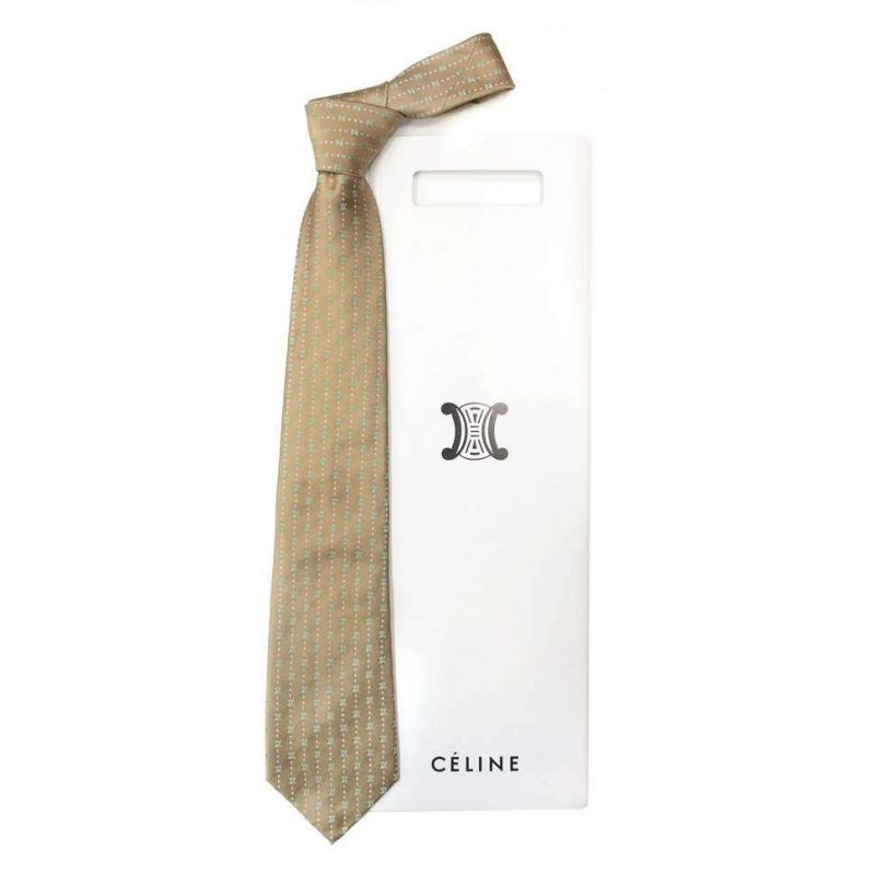 Бежевый шёлковый галстук с логотипами Celine в мятный горошек