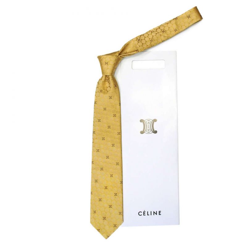 Золотой шёлковый галстук со значками Celine в горошек