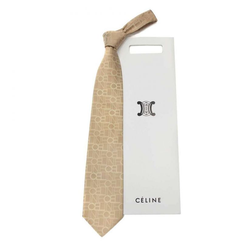 Бежевый шёлковый галстук с надписями Celine