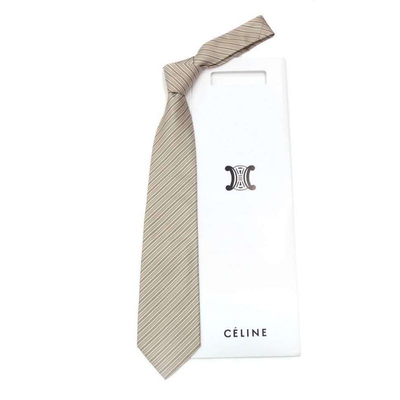 Серо-бежевый шёлковый галстук Celine в полоску