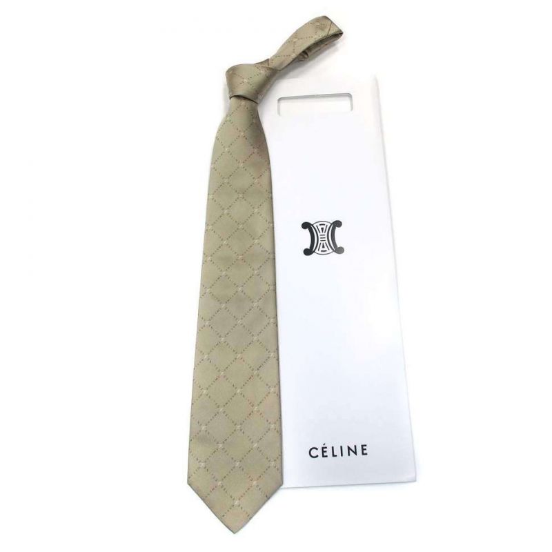 Серо-бежевый шёлковый галстук Celine с логотипами