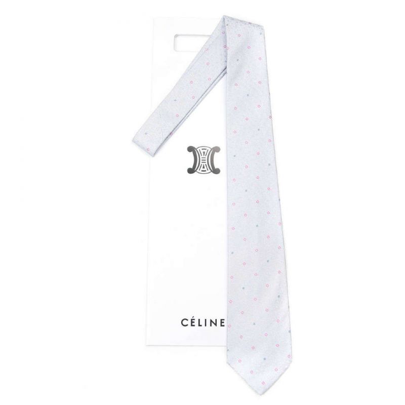 Бело-серый шёлковый галстук Celine с цветочками