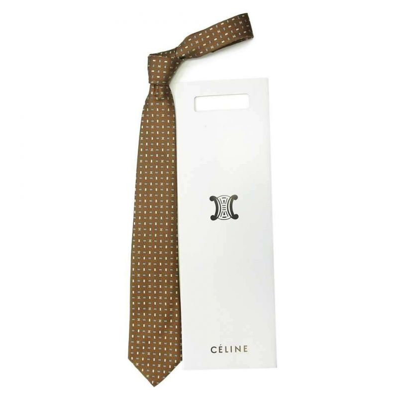 Коричневый шёлковый галстук Celine с мелким рисунком
