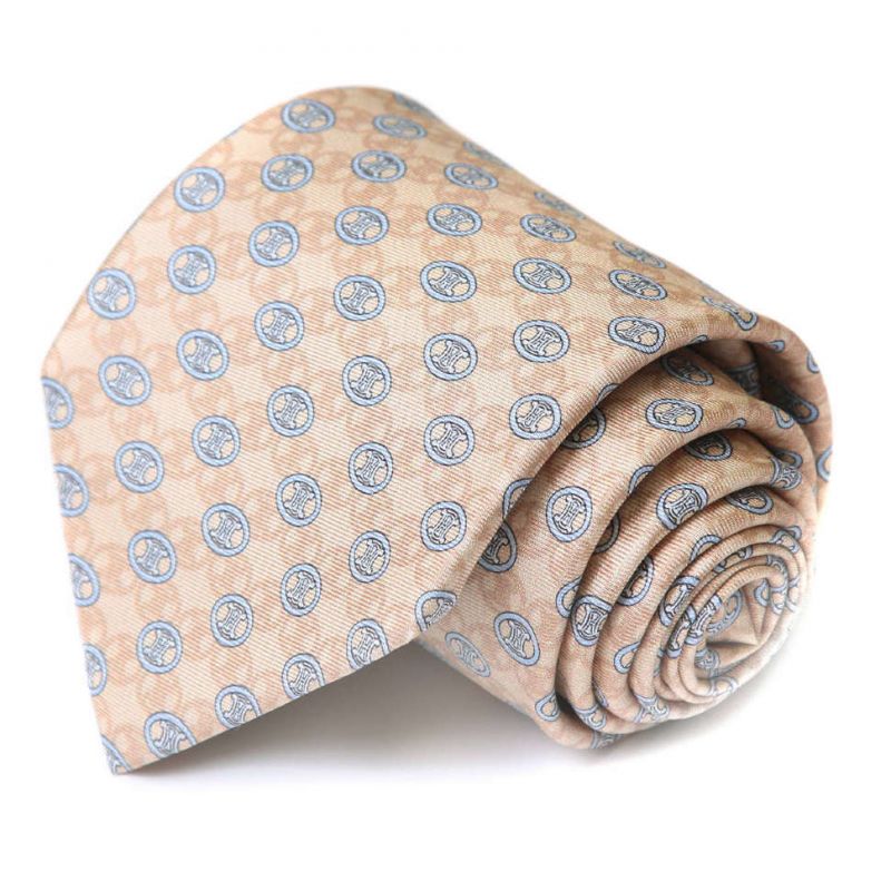 Бежевый шёлковый галстук Celine с голубыми логотипами