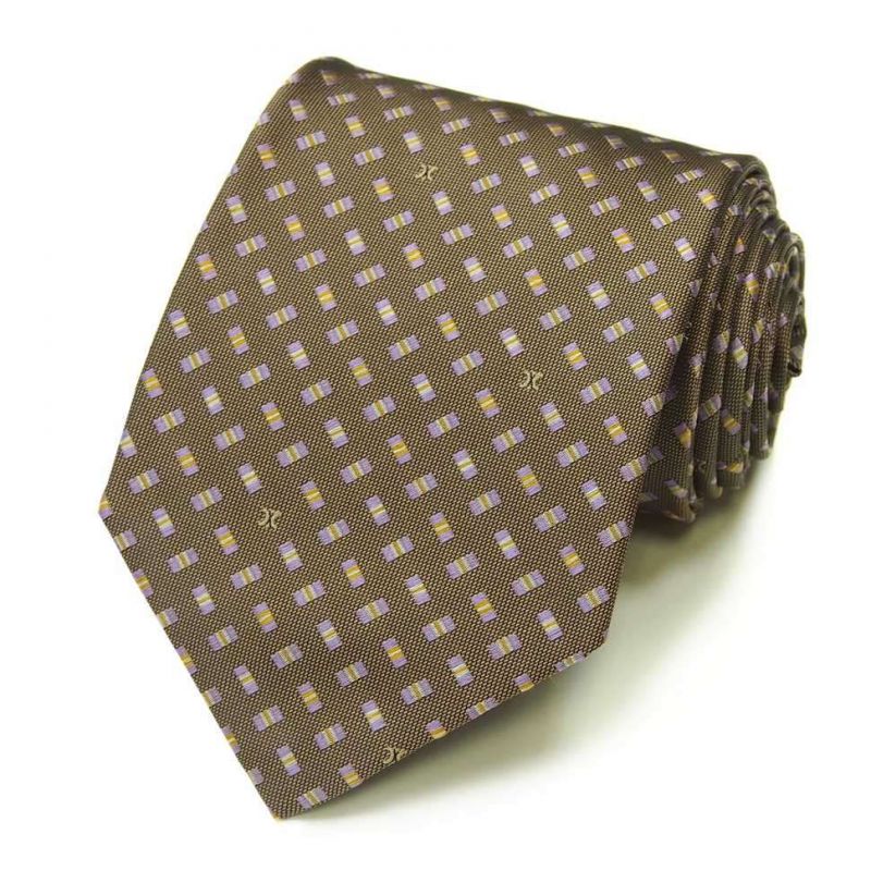 Коричневый шёлковый галстук Celine с сиреневыми прямоугольниками