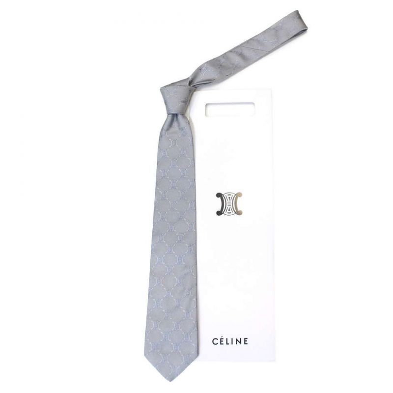 Серый шёлковый галстук с крупными логотипами Celine