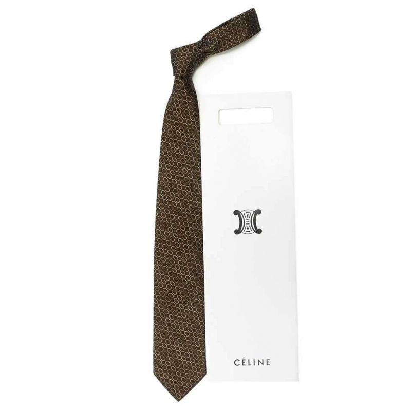 Тёмно-коричневый шёлковый галстук Celine с рисунком