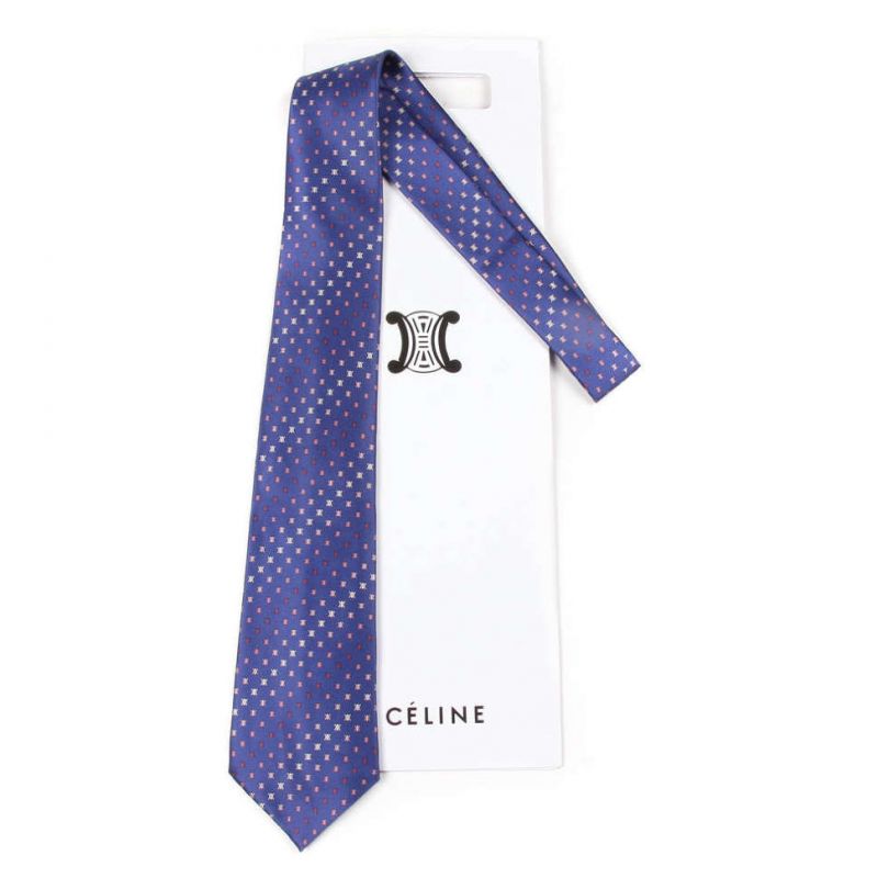 Синий шёлковый галстук с разноцветными логотипами Celine