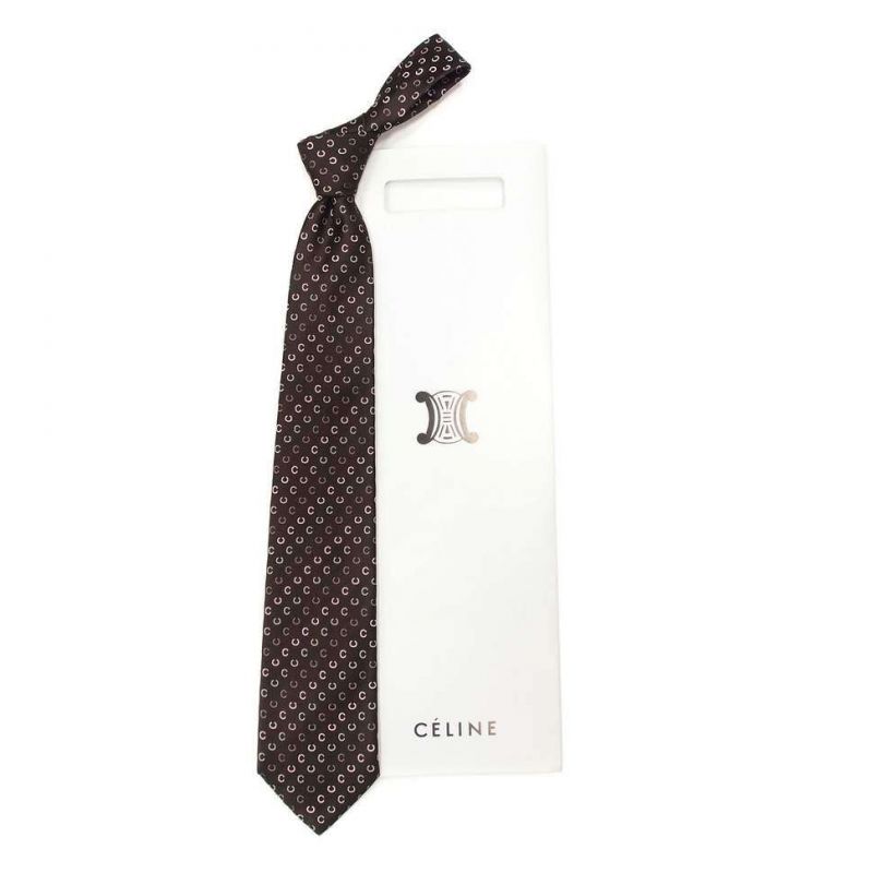 Коричневый шёлковый галстук Celine с буквами