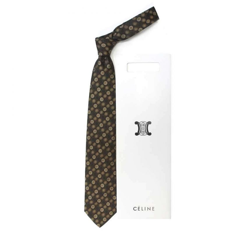 Коричневый шёлковый галстук Celine в горошек