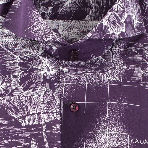 Рубашка фиолетовая с гавайским рисунком приталенная