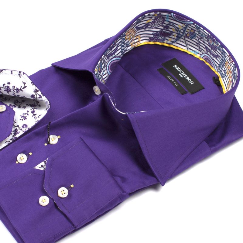 Рубашка фиолетовая однотонная с цветами приталенная