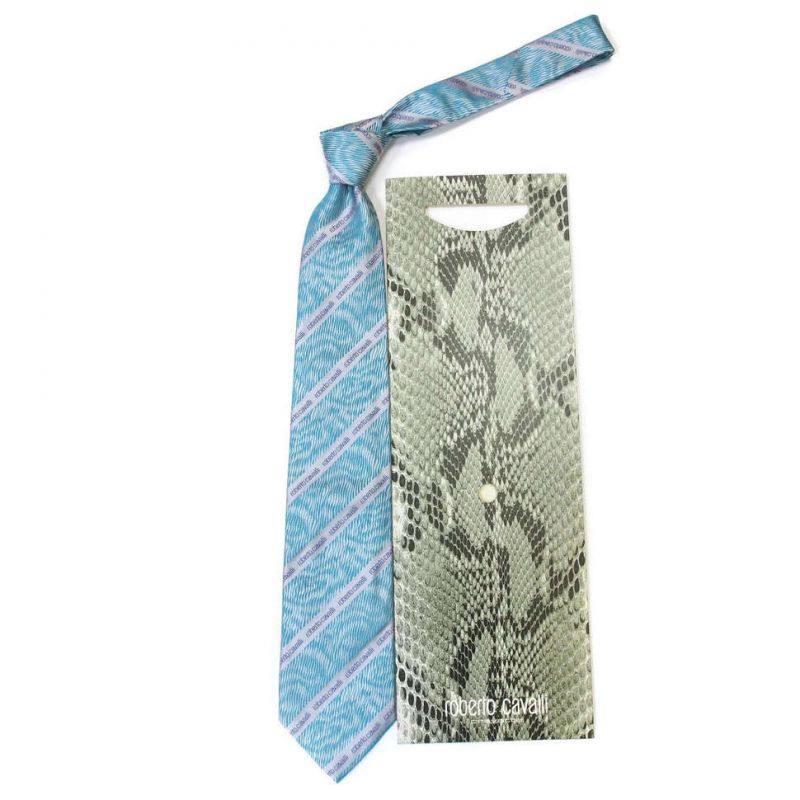 Бирюзовый галстук с надписями Roberto Cavalli