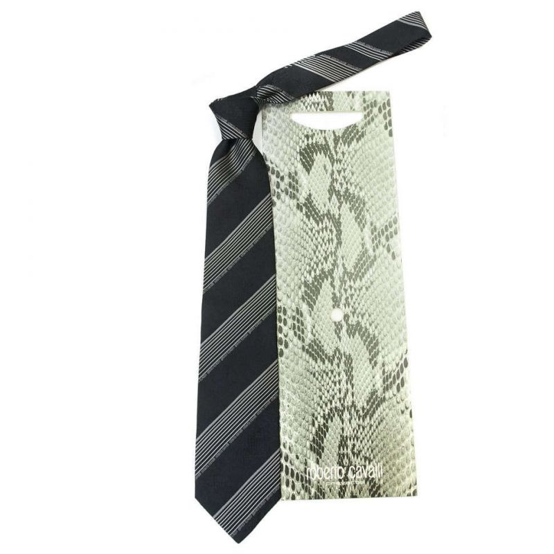 Чёрный питоновый галстук Roberto Cavalli в полоску