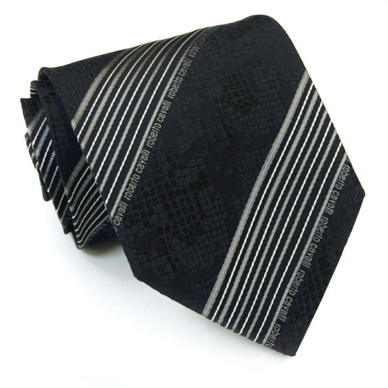 Чёрный питоновый галстук Roberto Cavalli в полоску