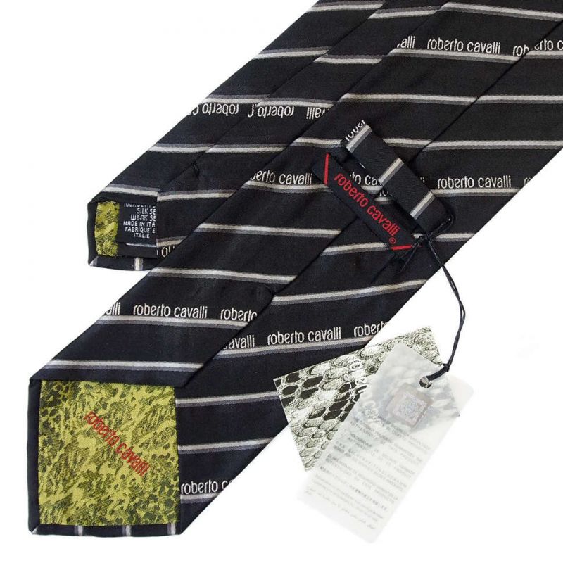Чёрный галстук с логотипами Roberto Cavalli в полоску