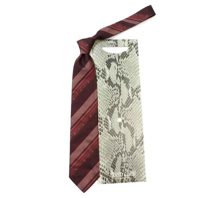 Бордовый галстук с логотипами Roberto Cavalli в полоску