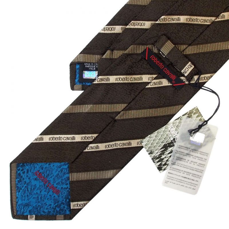 Коричневый галстук с надписями Roberto Cavalli с узором