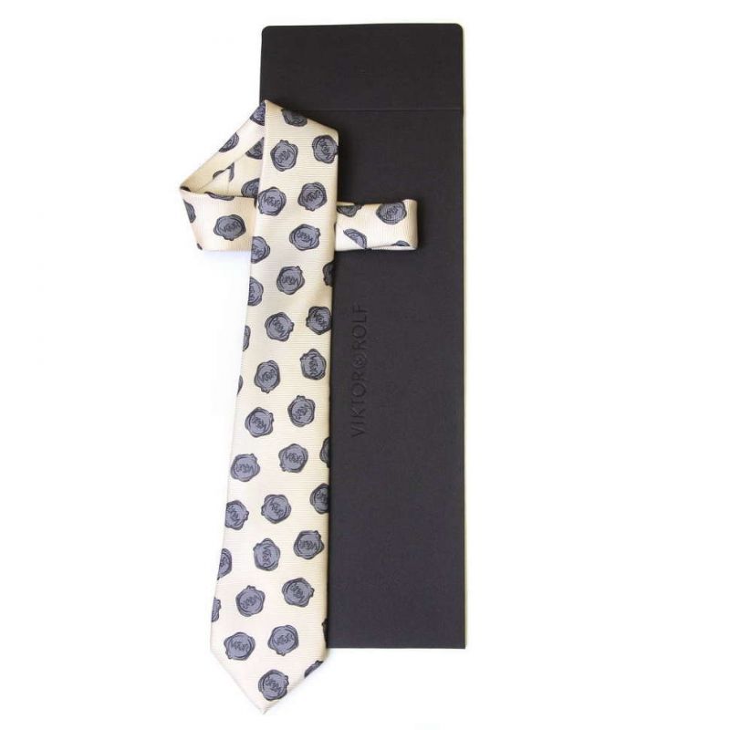 Кремовый галстук с серыми логотипами Viktor Rolf