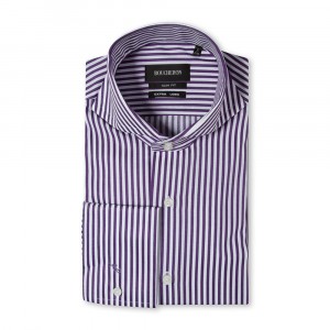 Фиолетовая рубашка в полоску приталенная и удлиненная