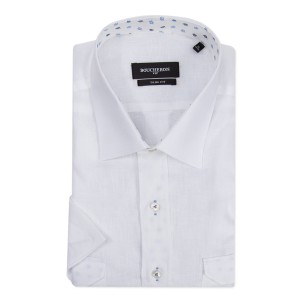Рубашка белая, льняная, с короткими рукавами, приталенная