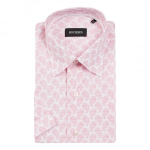 Рубашка бело-розовая с огурцами, с короткими рукавами, неприталенная