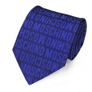 Синий шёлковый галстук с надписями Moschino