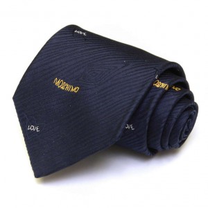 Тёмно-синий шёлковый галстук Moschino с выделкой, с надписями