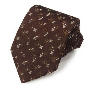 Коричневый шёлковый галстук с логотипами Celine и листиками
