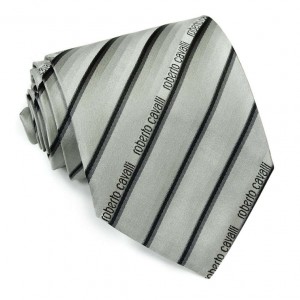 Серый галстук Roberto Cavalli в чёрную полоску